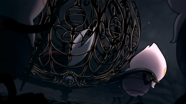 Hornet dans une cage mobile, tirée et poussée par d'autres créatures dans Hollow Knight: Silksong