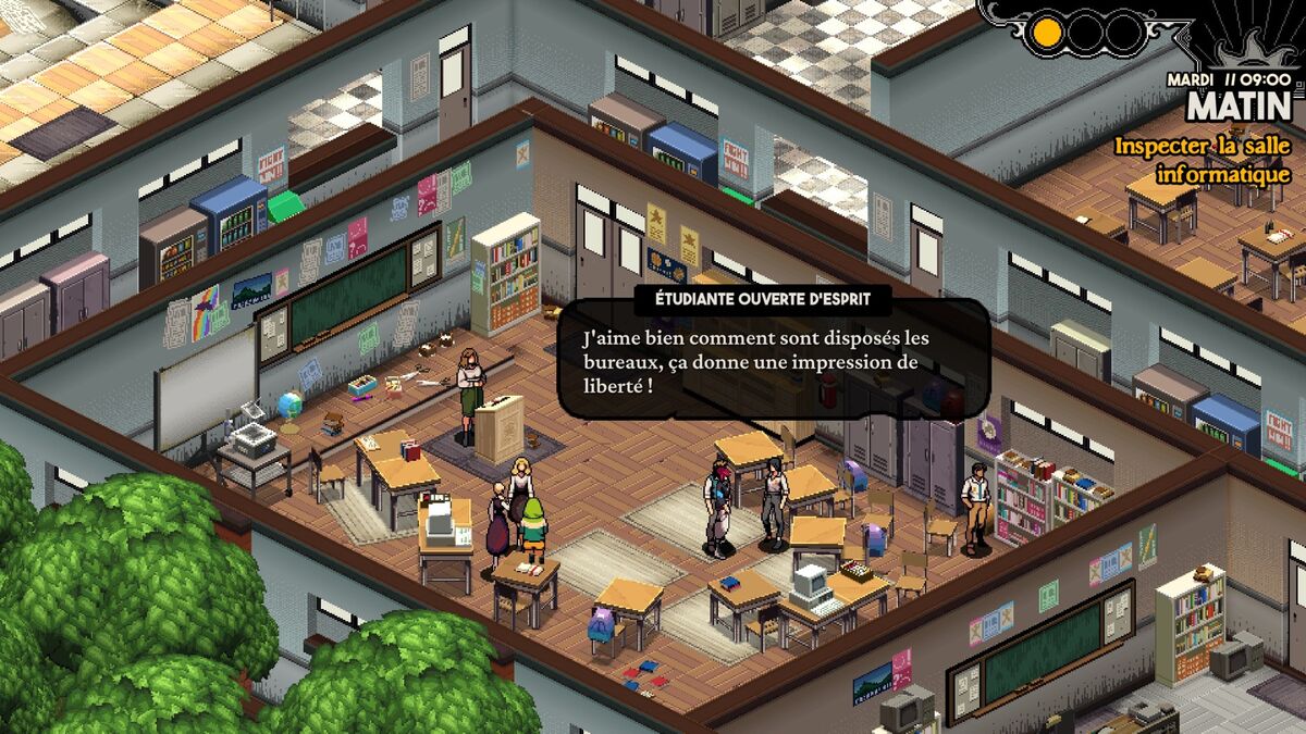 Discussion absurde avec un PNJ dans une salle de classe dans le jeu vidéo Demonschool qui dit J'aime bien comment sont disposés les bureaux, ça donne une impression de liberté ! Alors que les bureaux sont en vrac.