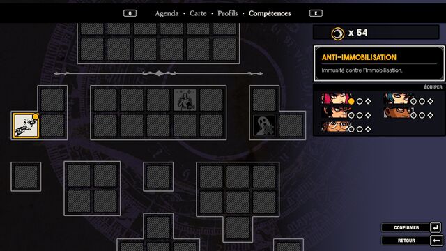 L'écran de compétences du jeu, découpé en plusieurs sections composées de carrés.