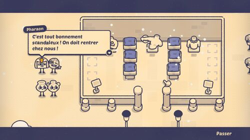 Une blague d'une forme pharaon dans Is This Seat Taken? qui dit, en étant placée dans un musée C'est tout bonnement scandaleux, on doit rentrer chez nous.