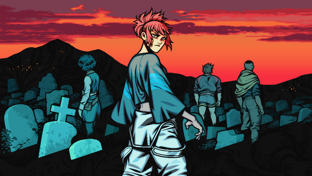 Key art du jeu Demonschool, avec Faye et ses acolytes, Faye est au centre et nous regarde, le ciel est orange