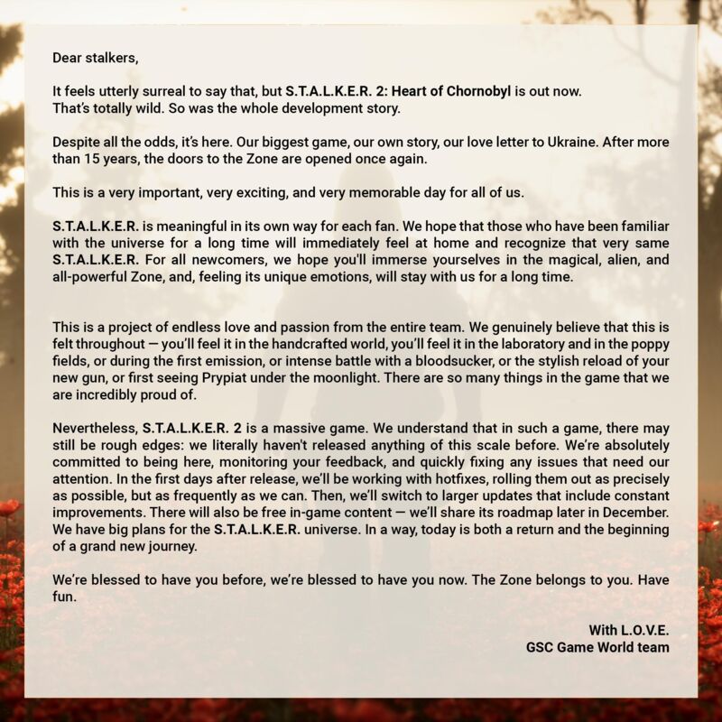 Message de GSC Game World lors de la sortie de STALKER 2