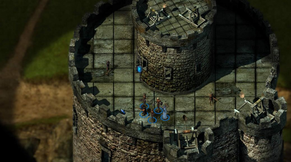 Un groupe de personnages en haut d'une tour du jeu The Temple of Elemental Evil