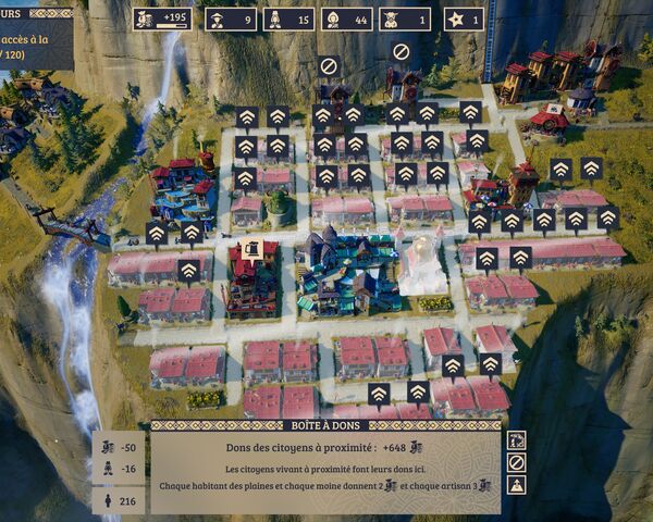 Un quartier d'artisans avec un focus sur le bâtiment collectant les dons dans Laysara: Summit Kingdom