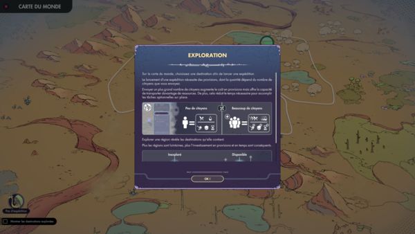 Ecran explicatif des explorations