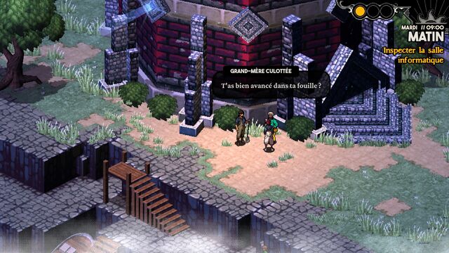 Conversation avec un PNJ qui dit "T'as bien avancé dans ta fouille", près du phare, dans le jeu vidéo Demonschool