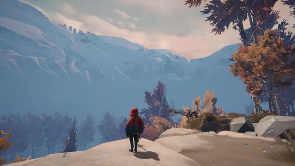 Protagoniste du jeu vidéo Herdlng devant un grand paysage montagneux