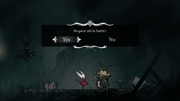Un PNJ dans Hollow Knight: Silksong proposer son aide dans la bataille à Hornet