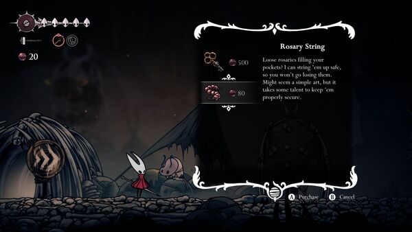 Le marchand de la ville de départ dans Hollow Knight: Silksong où on peut acheter une clef à 500 perles et un chapelet à 80 perles