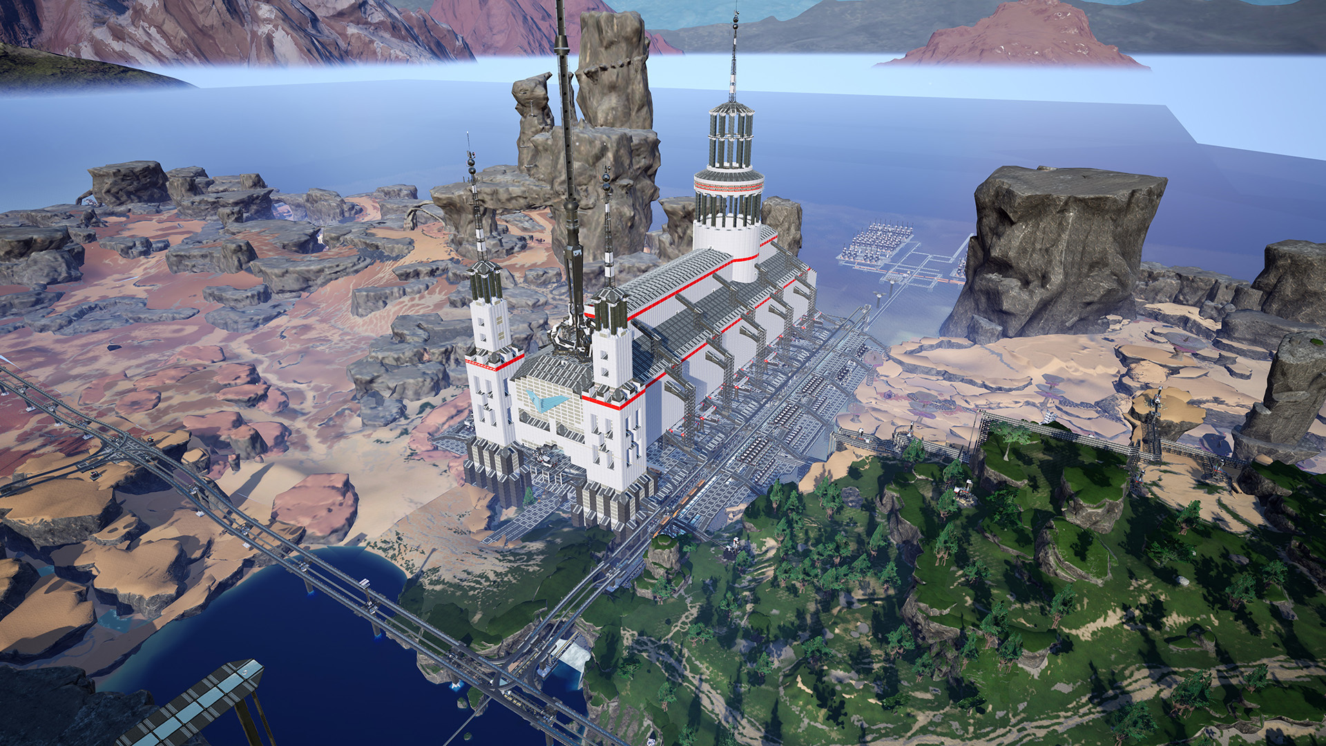 Daval3d satisfy. Сатисфактори постройки. Сатисфактори 2. Satisfactory красивые постройки. Грандиозные постройки.
